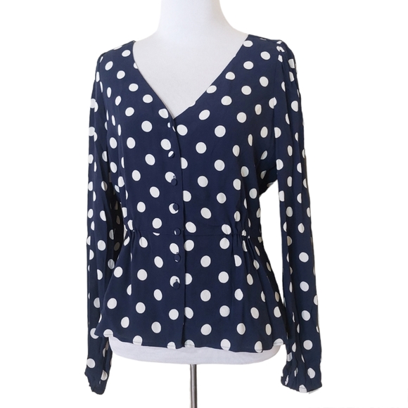 J. Crew Polka Dot Dark Navy Blue Long Sleeve Peplum Button Down Blouse - Picture 1 of 11